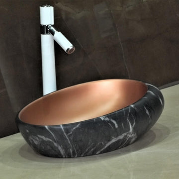 Table Top Premium Designer Ceramic Wash Basin/Vessel Oval Marble Black Gold Color Satin Finish Designer for Bathroom 20 x 13 x 5.5 Inch (Black Color) - Bath Outlet