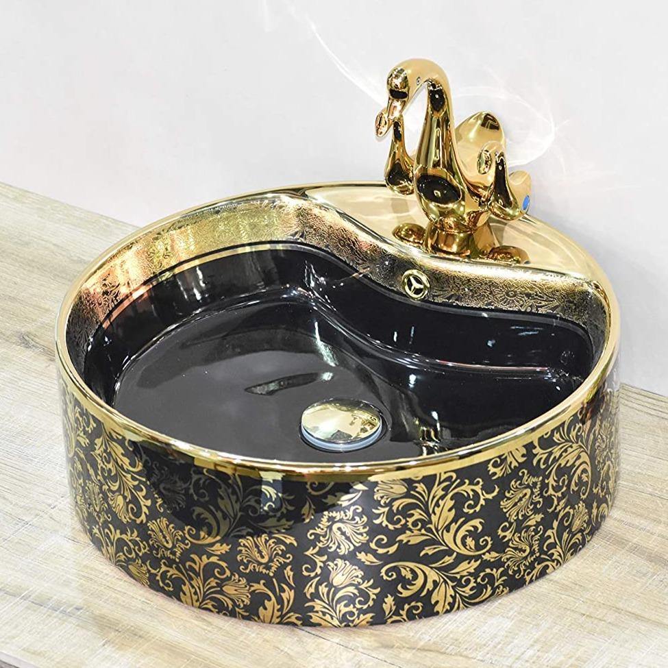 Designer Ceramic Wash Basin Vessel Sink Over or Above Counter Top Wash Basin for Bathroom Round Shape Golden Black 18 x 18 x 6 Inch - Bath Outlet