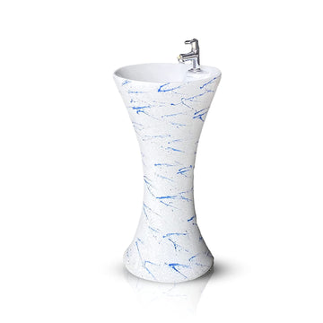 B Backline Ceramic Pedestal Free Standing Wash Basin Round 16 Inch Blue White