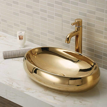 Ceramic Premium Desisgner Table Top Oval Shape Vessel Sink Wash Basin for Bathroom 24 X 14 X 6 Inches Gold Glossy Basin For Bathroom - Bath Outlet
