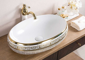 B Backline Ceramic Table Top / Counter Top Wash Basin for Bathroom 24 X 16 X 6 Inches Gold White