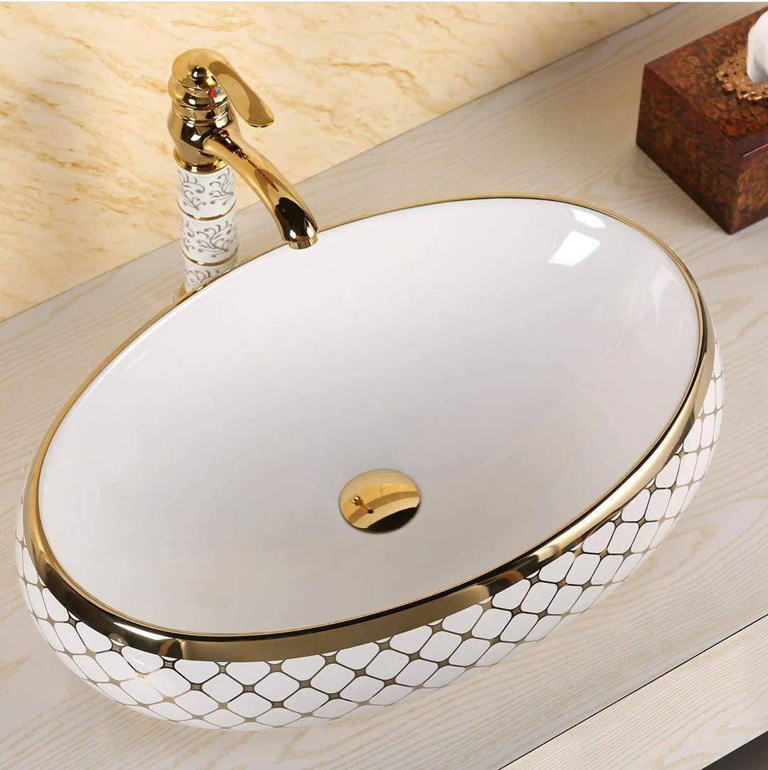 Ceramic Designer Table Top Vessel Sink Wash Basin for Bathroom & Living Room 24 X 16 X 5 Inch (Gold White) - Bath Outlet
