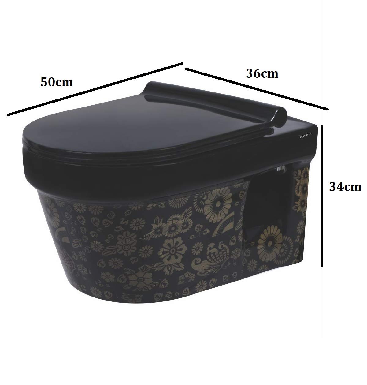 B Backline Ceramic Wall Mount Wall Hung Western Toilet Rimless Commode 20 X 14 X 13 Inches Printed Black
