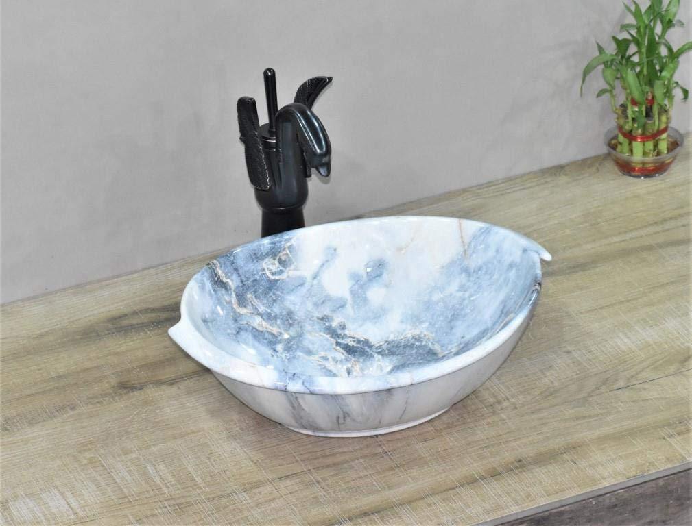 Ceramic Premium Designer Table Top Wash Basin for Bathroom 16 x 13 x 6 Inch Oval Shape in Blue Color - Bath Outlet