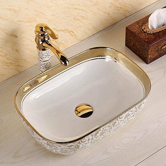 B Backline Ceramic Table Top, Counter Top Wash Basin 46x33 cm Gold