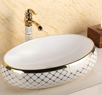 B Backline Ceramic Table Top or Counter Top Wash Basin 24 X 16 X 5 Inches White Gold Color