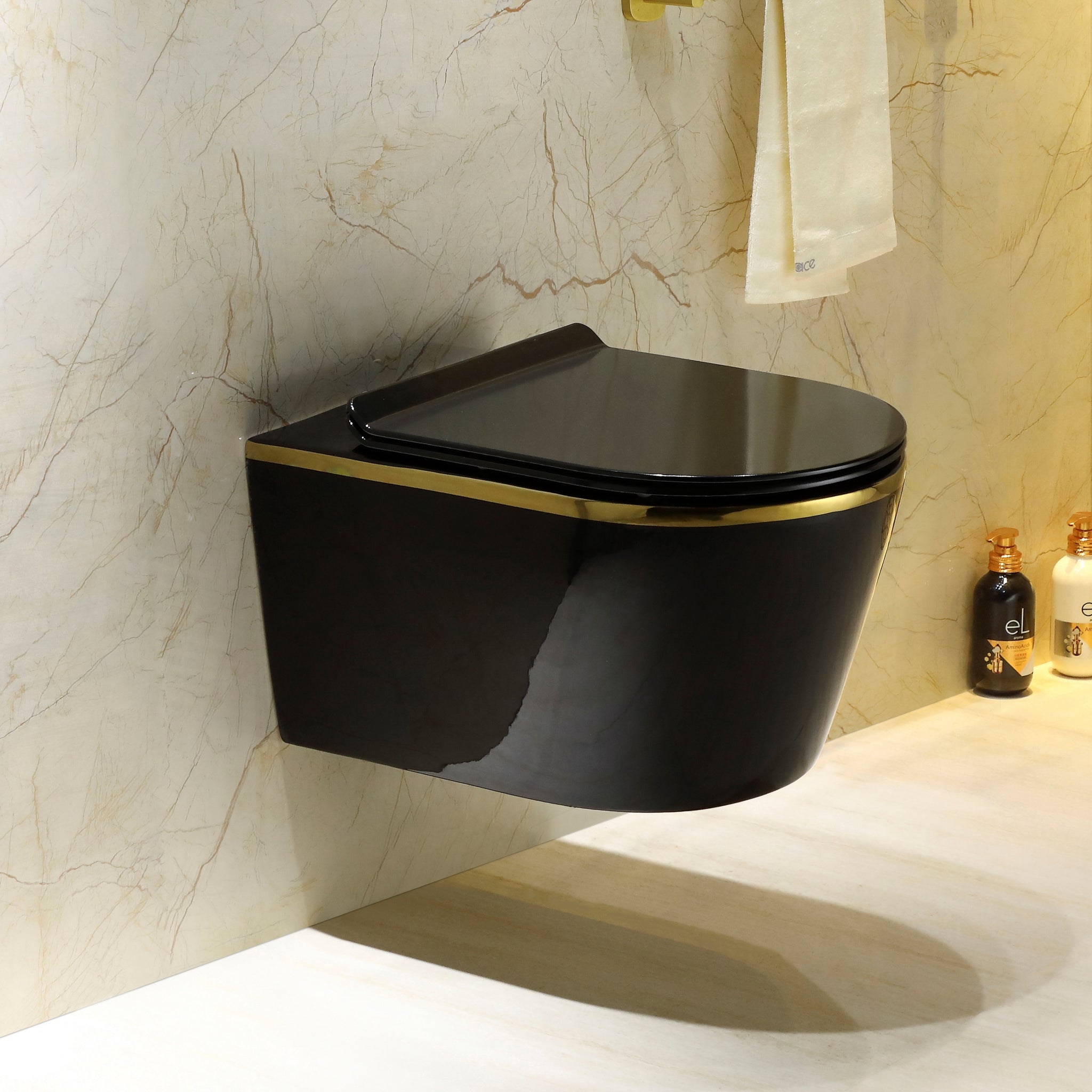 B Backline Ceramic Wall Hung Toilet Wall Mounted Water Closet Commode Rimless Commode Black Gold Color 53 X 36 X 35 Cm