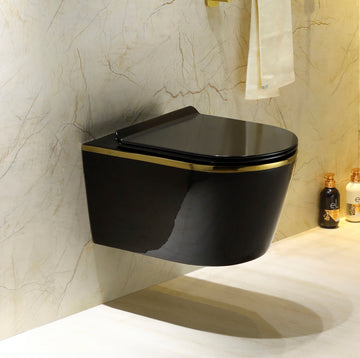 B Backline Ceramic Wall Hung Toilet Wall Mounted Water Closet Commode Rimless Commode Black Gold Color 53 X 36 X 35 Cm