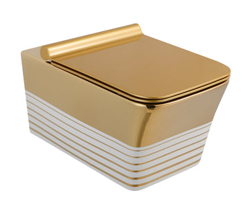 B Backline Ceramic Wall Hung Toilet Wall Mounted Water Closet Commode Rimless Commode Gold White Color 54 X 36 X 36 Cm