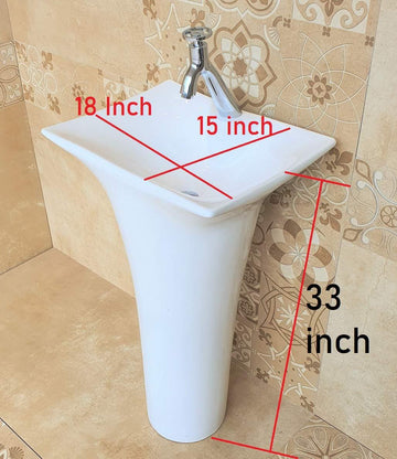 B Backline Ceramic Pedestal Wash Basin Rectangle 18 x 15 x 33 Inch White