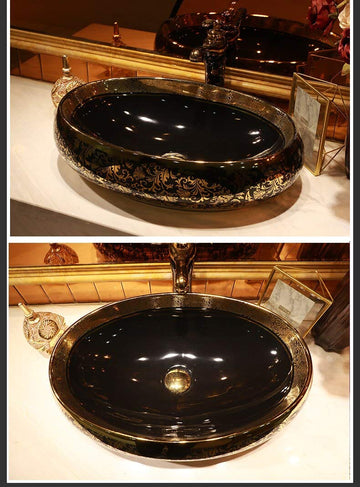 B Backline Ceramic Table Top, Counter Top Wash Basin 24 X 16 X 6 Inch Black Gold