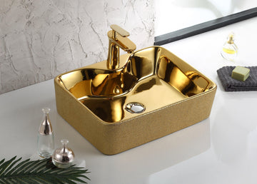 Ceramic Premium Desisgner Table Top Over Counter Vessel Sink Wash Basin for Bathroom 19 X 15 X 5 Inch Gold Basin For Bathroom - Bath Outlet