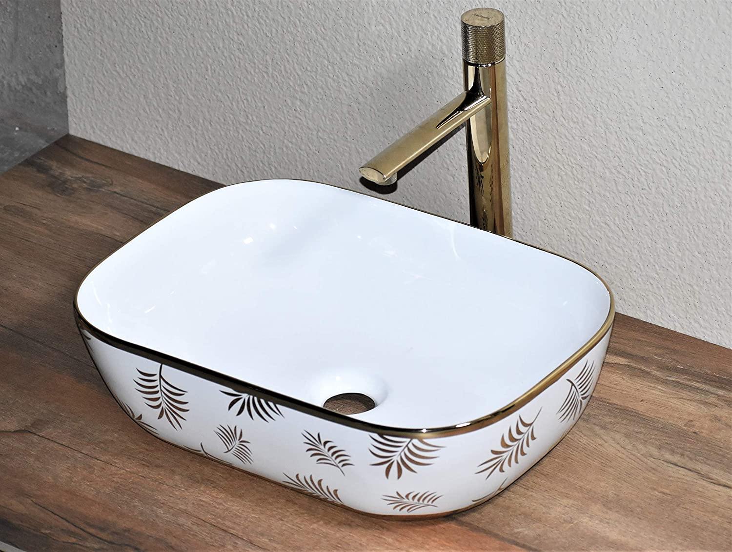 Ceramic Premium Desisgner Table Top Over Counter Vessel Sink Wash Basin for Bathroom 18 X 13 X 6 Inch Gold White Basin For Bathroom - Bath Outlet