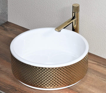 B Backline Ceramic Table Top, Counter Top Wash Basin Gold 16 x 16 Inch