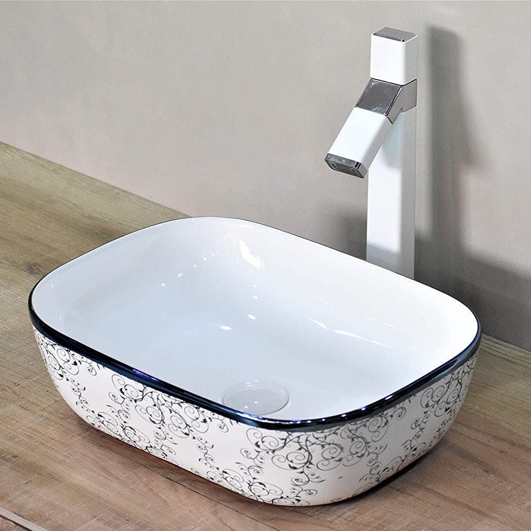 Designer Ceramic Wash Basin/Vessel Sink/Over or Above Counter Top Wash Basin for Bathroom Rectangle Shape 18 x 13 x 5.5 Inch Blue White - Bath Outlet