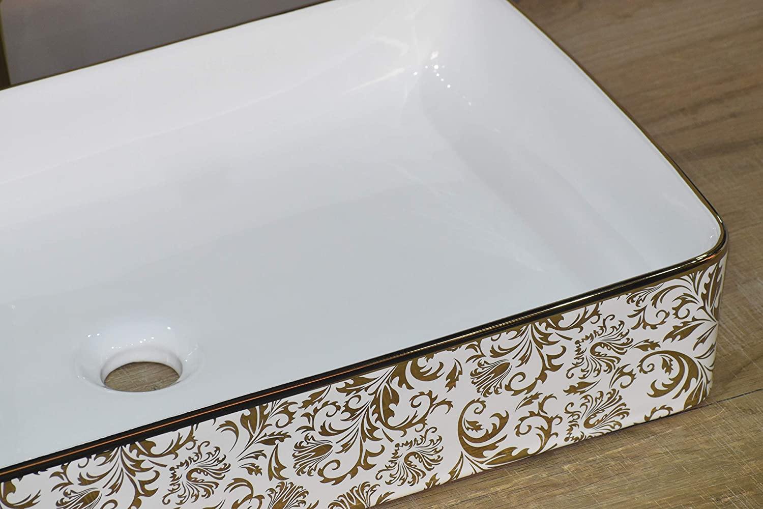 Ceramic Premium Desisgner Table Top Over Counte Vessel Sink Wash Basin for Bathroom 24 x 14 x 4.5 Inch Rectangle Shape Golden Floral - Bath Outlet