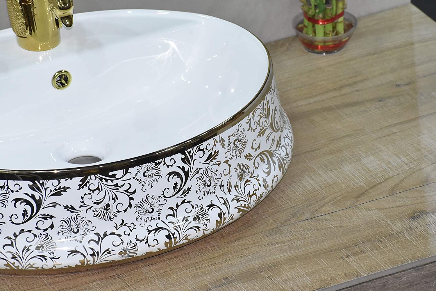 Ceramic Premium Designer Table Top Over Counter Vessel Sink Wash Basin for Bathroom 22 x 17.5 x 6 Inch Oval Shape in Golden Color Floral Pattern - Bath Outlet