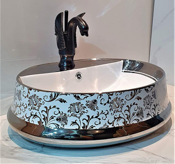 B Backline Ceramic Table Top, Counter Top Wash Basin Silver 22 x 18 x 6 Inch