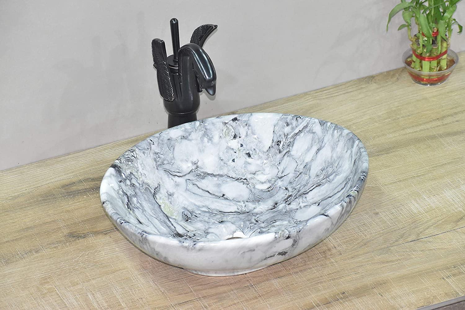 Ceramic Premium Designer Table Top/Over Counter/Vessel Sink Wash Basin for Bathroom 16 x 13.5 x 6 Inch Oval Shape in Light Blue Color Marble Pattern - Bath Outlet
