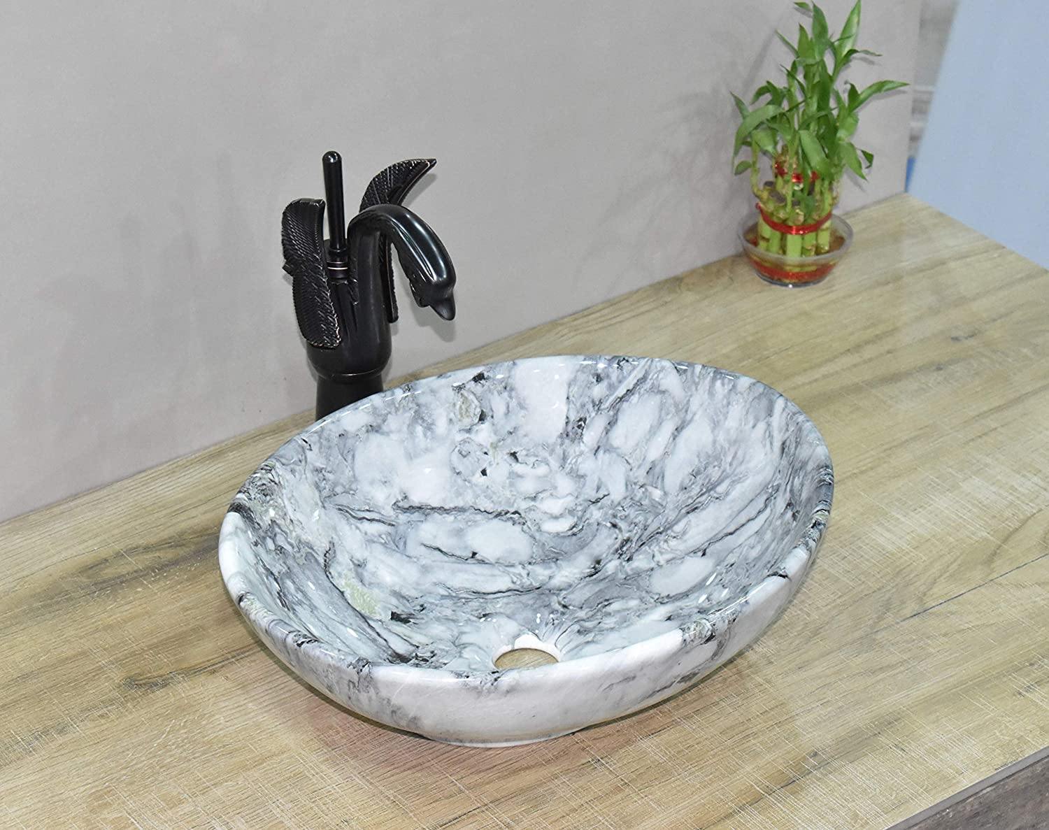 Ceramic Premium Designer Table Top/Over Counter/Vessel Sink Wash Basin for Bathroom 16 x 13.5 x 6 Inch Oval Shape in Light Blue Color Marble Pattern - Bath Outlet