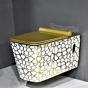 Ceramic Commode Wall Mount/Wall Hung Western Toilet/Commode/Water Closet/EWC/WC/European Commode with Soft Close Seat Cover in Gold Color - Bath Outlet