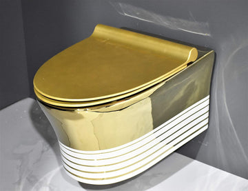 Ceramic Commode Wall Mount/Wall Hung Western Toilet/Commode/Water Closet/EWC/WC/European Commode with Soft Close Seat Cover in Gold Color - Bath Outlet