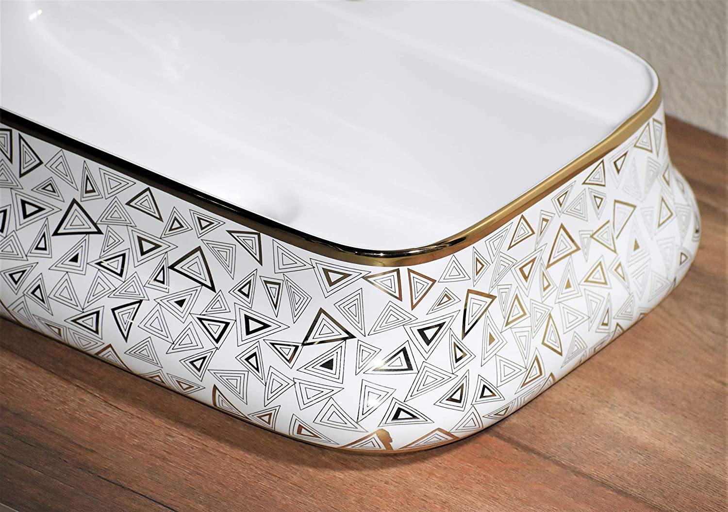 Ceramic Premium Desisgner Table Top Over Counter Vessel Sink Wash Basin for Bathroom 20 X 14 X 5 Inch Gold White Basin For Bathroom - Bath Outlet