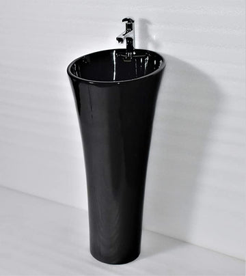 B Backline Ceramic Pedestal Free Standing Wash Basin Round 15 Inch Black Glossy