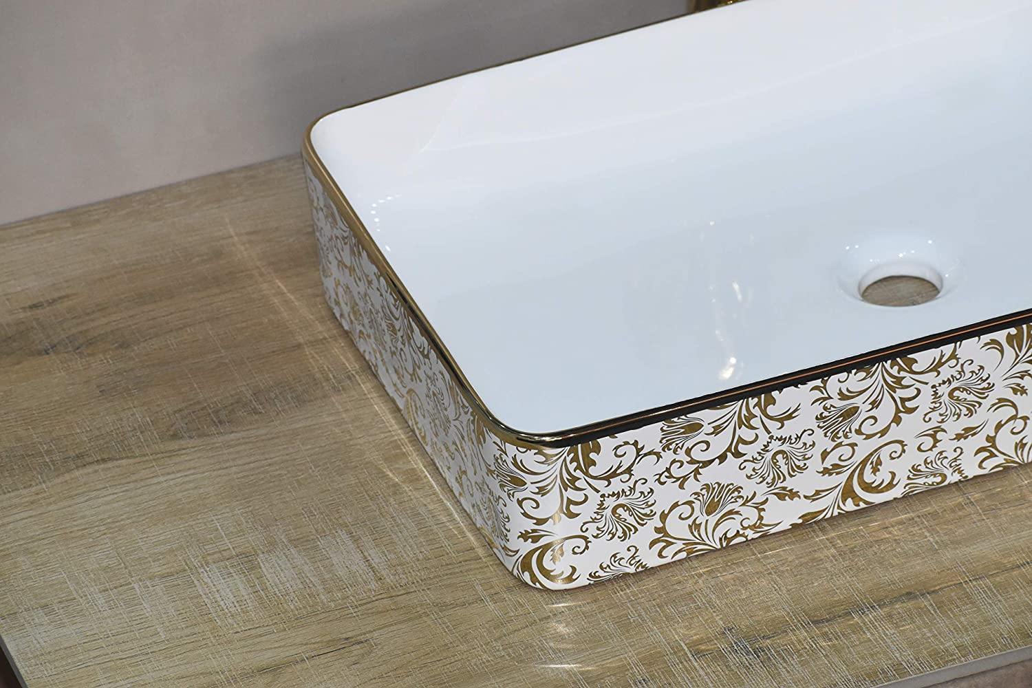 Ceramic Premium Desisgner Table Top Over Counte Vessel Sink Wash Basin for Bathroom 24 x 14 x 4.5 Inch Rectangle Shape Golden Floral - Bath Outlet