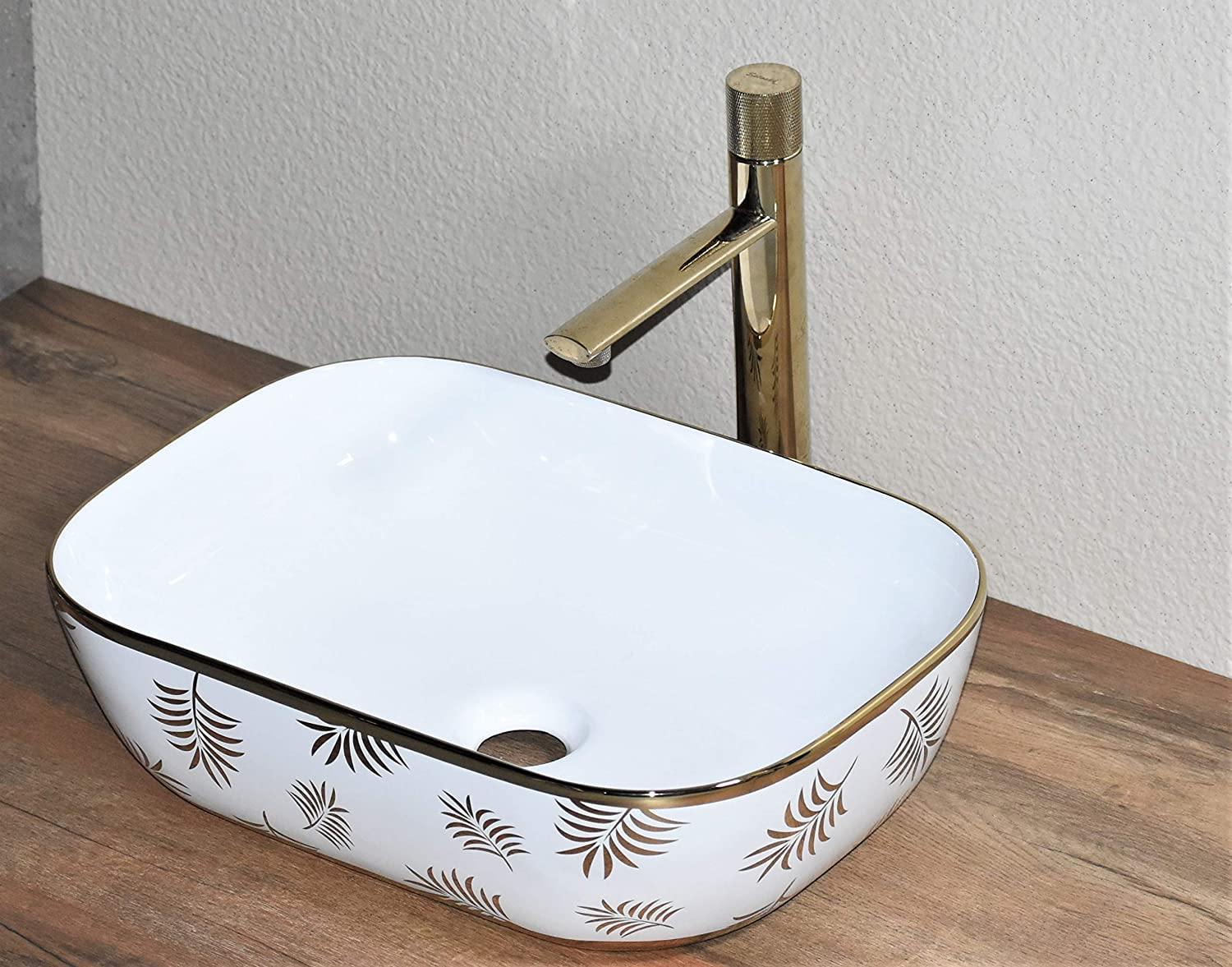 Ceramic Premium Desisgner Table Top Over Counter Vessel Sink Wash Basin for Bathroom 18 X 13 X 6 Inch Gold White Basin For Bathroom - Bath Outlet