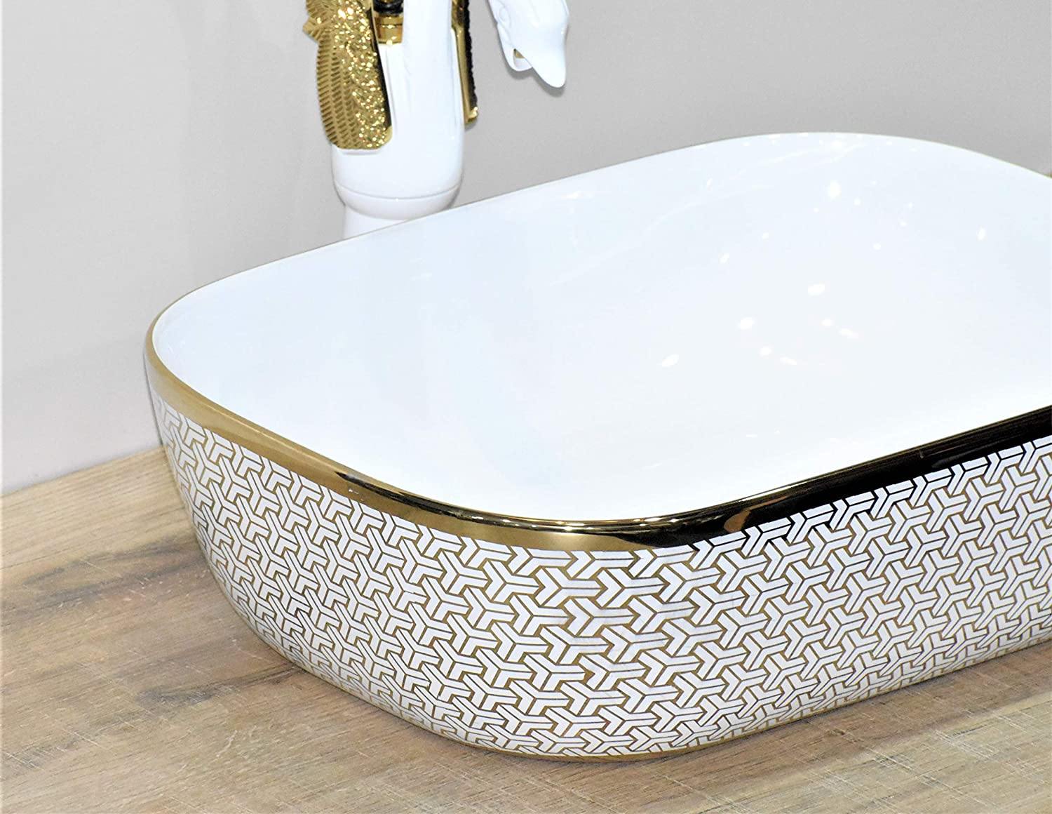 Designer Ceramic Wash Basin Vessel Sink Over or Above Counter Top Wash Basin for Bathroom Rectangle Shape Golden White 45.5 X 32 X 13.5 cm Only Wash Basin - Bath Outlet