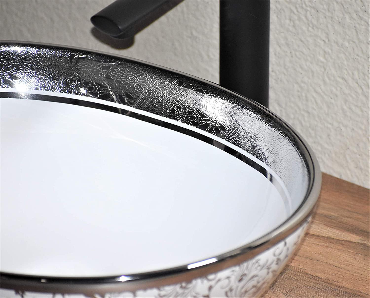 Ceramic Premium Desisgner Table Top Over Counter Vessel Sink Wash Basin for Bathroom 16 X 14 X 6 Inch Silver White Basin For Bathroom - Bath Outlet