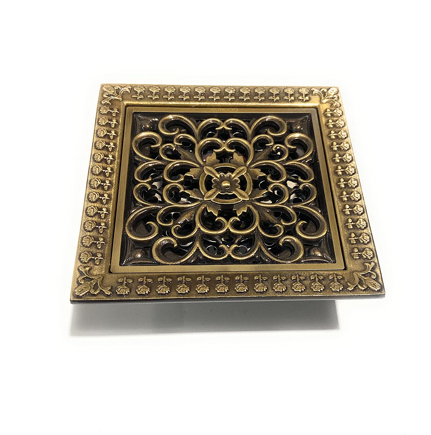 B Backline  Brass Antique Finish Floral Pattern Bathroom Floor Water Drain Grating with Anti-Foul Cockroach Trap