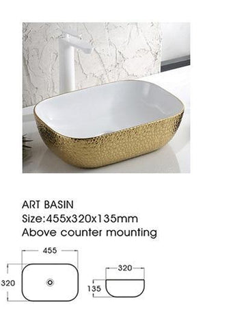 B Backline Ceramic Table Top, Counter Top Wash Basin 18 x 13 Inch Gold