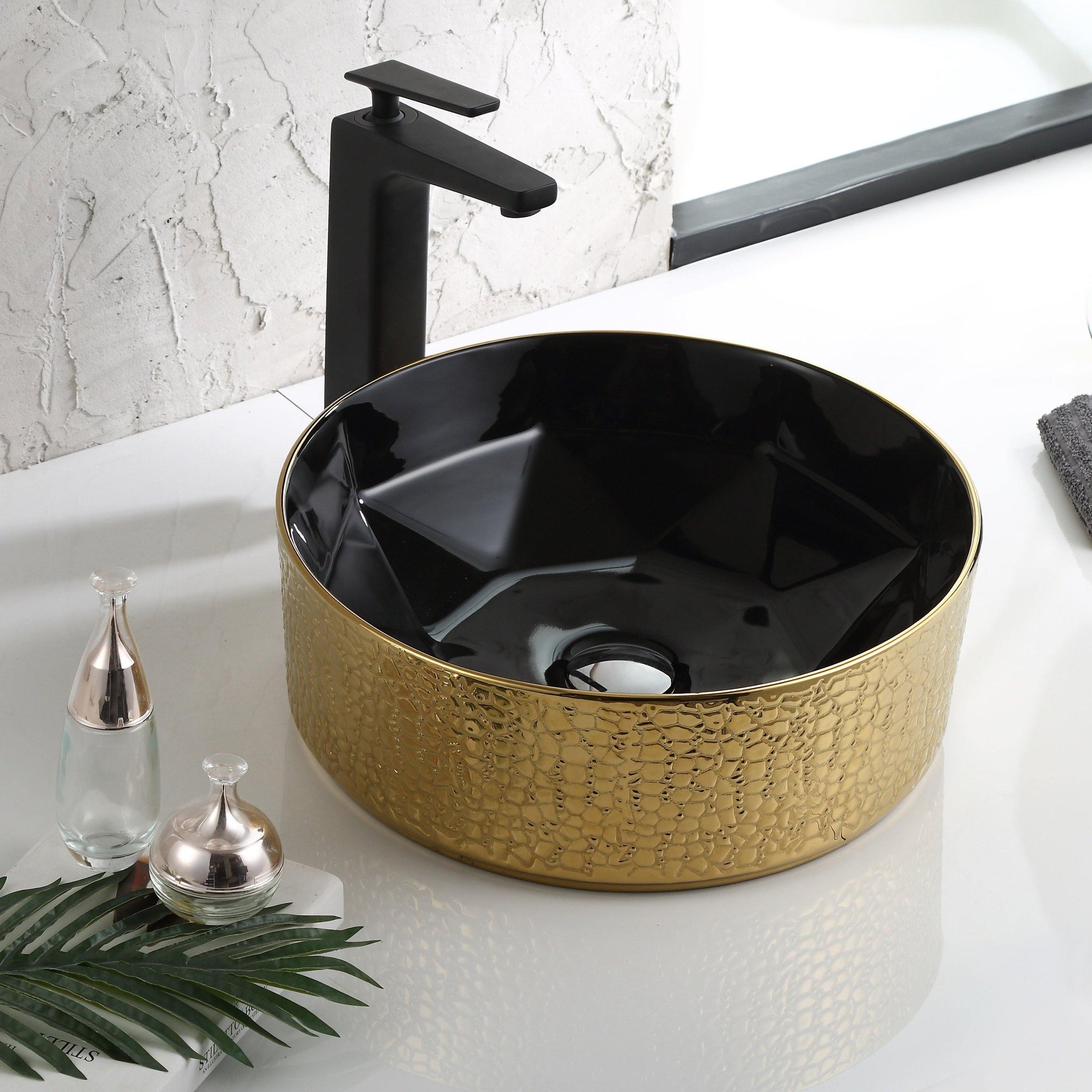 Ceramic Premium Desisgner Table Top Over Counter Vessel Sink Wash Basin for Bathroom 16 X 16 X 6 Inch Gold Black Basin For Bathroom - Bath Outlet