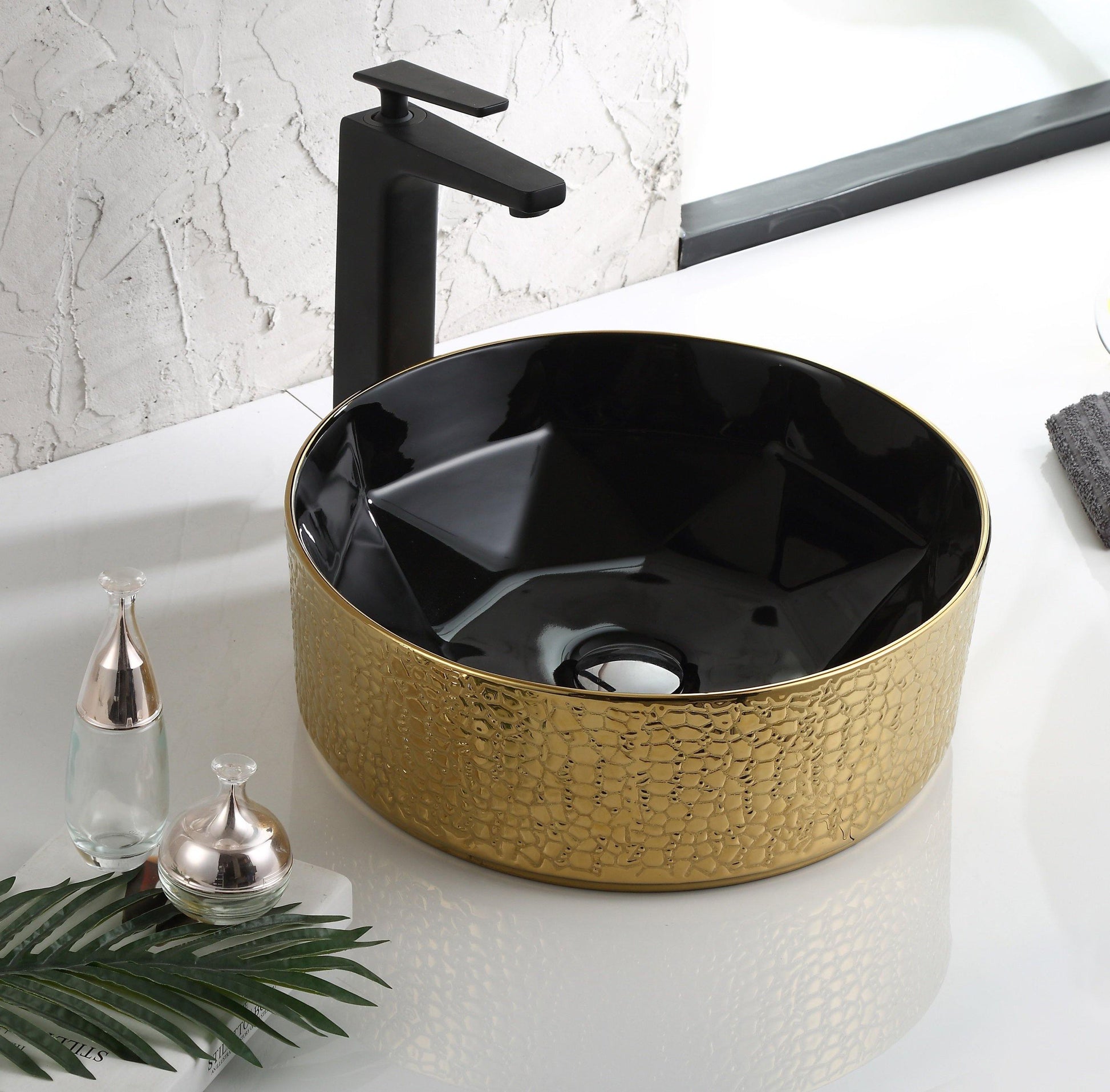 Ceramic Premium Desisgner Table Top Over Counter Vessel Sink Wash Basin for Bathroom 16 X 16 X 6 Inch Gold Black Basin For Bathroom - Bath Outlet