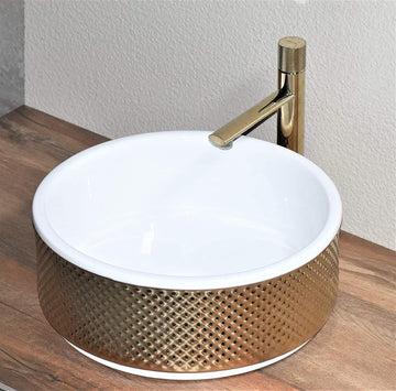 Ceramic Premium Desisgner Table Top Over Counter Vessel Sink Wash Basin for Bathroom 16 X 16 X 6.5 Inch Gold White Basin For Bathroom - Bath Outlet