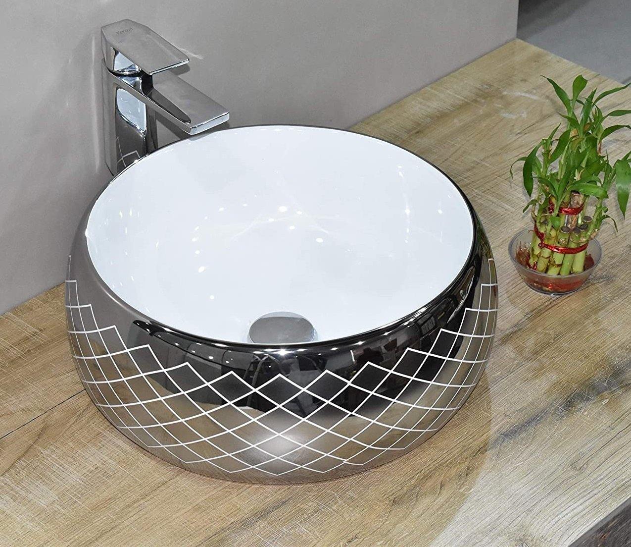 Ceramic Premium Desisgner Table Top Over Counter Vessel Sink Wash Basin for Bathroom 16 X 16 X 6 Inches Silver White Basin For Bathroom - Bath Outlet