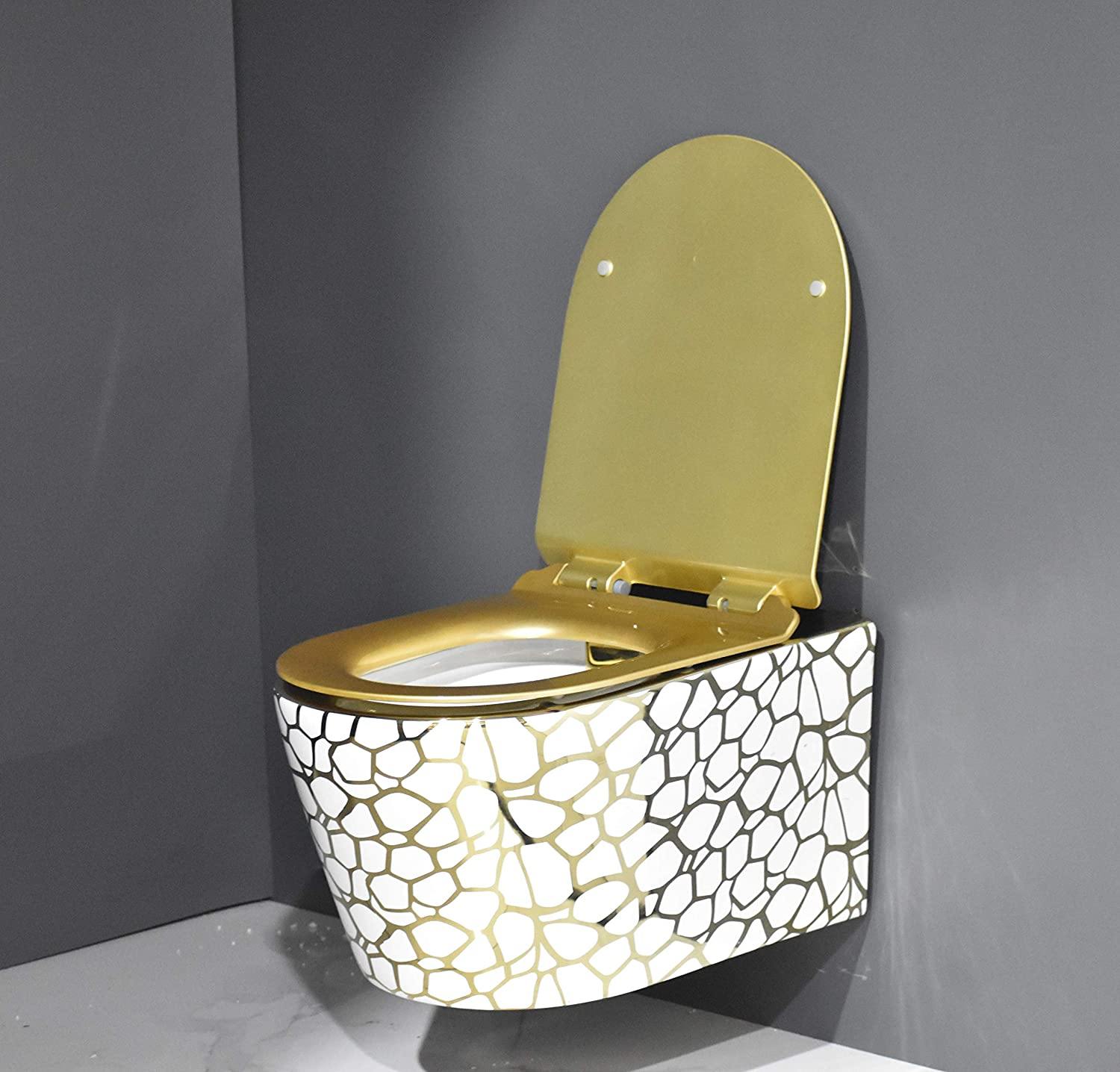 Ceramic Commode Wall Mount/Wall Hung Western Toilet/Commode/Water Closet/EWC/WC/European Commode with Soft Close Seat Cover in Gold Color - Bath Outlet