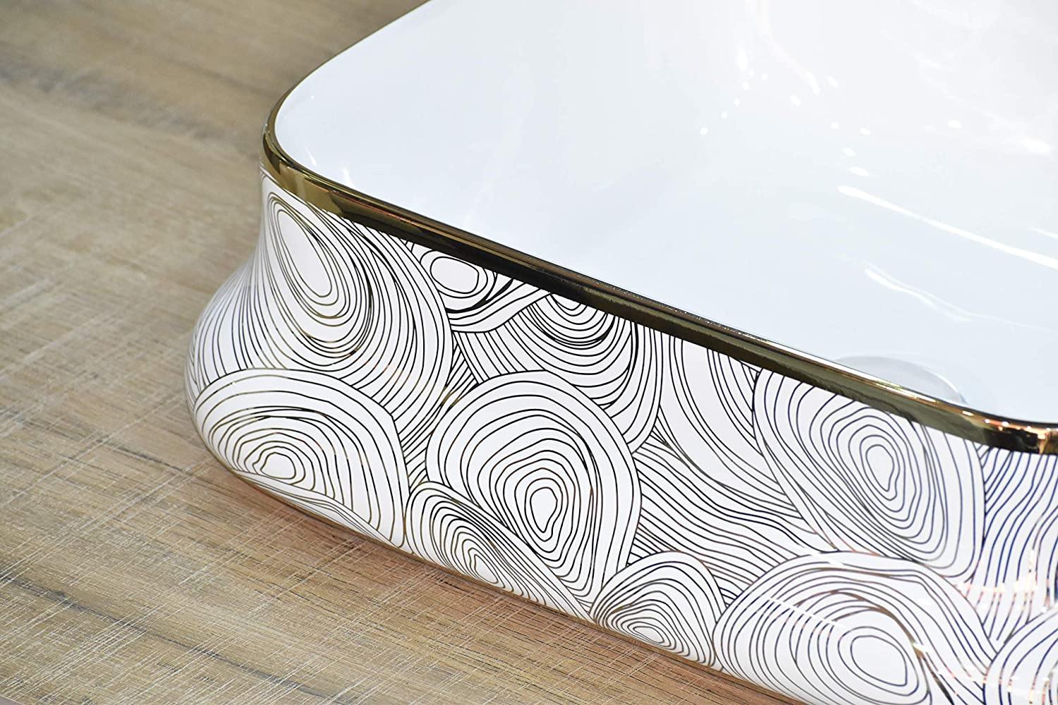 Ceramic Wash Basin Vessel Sink Over or Above Counter Top Wash Basin for Bathroom Rectangle Shape Golden White 18 x 14 x 5.5 Inch - Bath Outlet