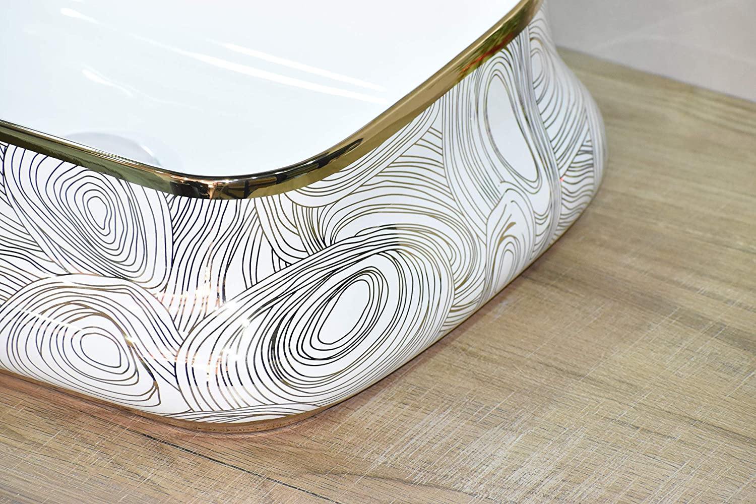 Ceramic Wash Basin Vessel Sink Over or Above Counter Top Wash Basin for Bathroom Rectangle Shape Golden White 18 x 14 x 5.5 Inch - Bath Outlet