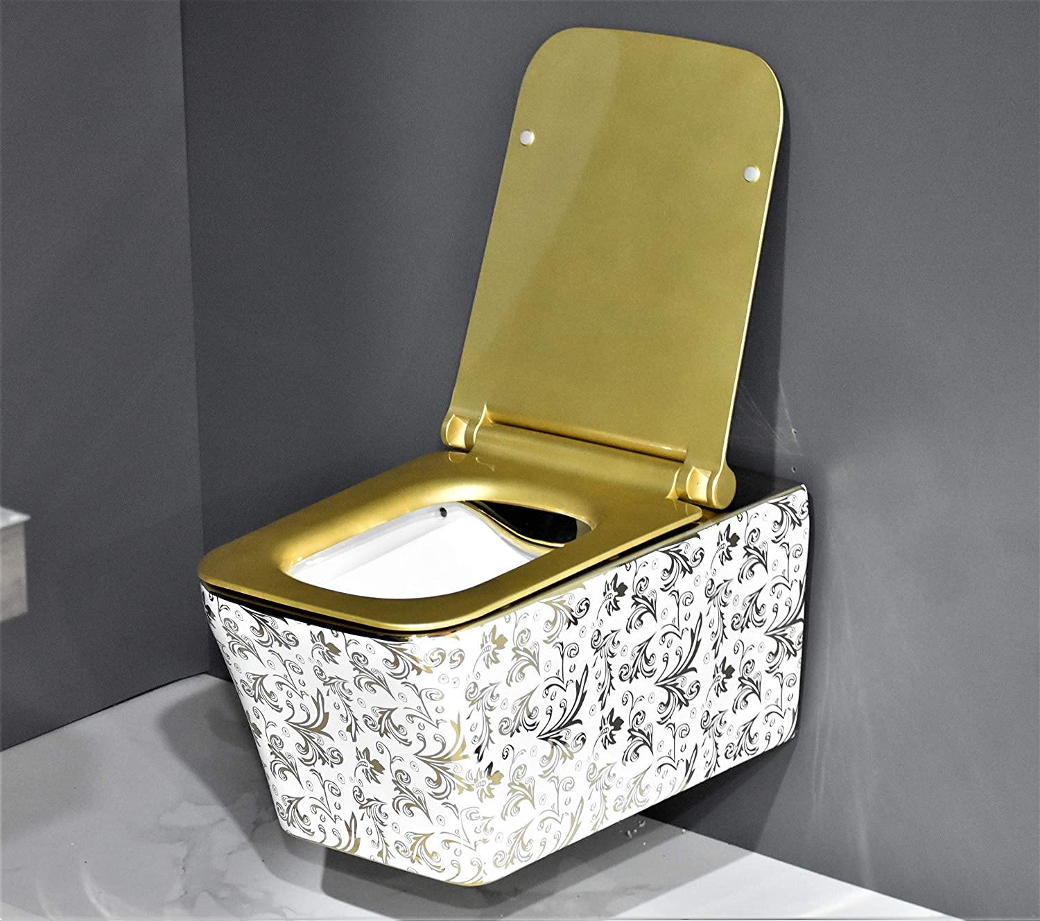 Ceramic Commode Wall Mount/Wall Hung Western Toilet/Commode/Water Closet/EWC/WC/European Commode with Soft Close Seat Cover in Gold Color - Bath Outlet