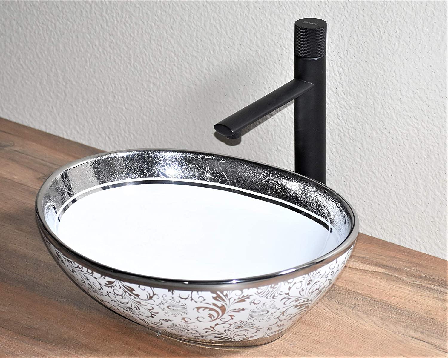 Ceramic Premium Desisgner Table Top Over Counter Vessel Sink Wash Basin for Bathroom 16 X 14 X 6 Inch Silver White Basin For Bathroom - Bath Outlet