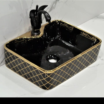 Table Top Premium Designer Ceramic Wash Basin/Vessel Rectangle Black Gold Designer for Bathroom 19 x 15 x 5 Inch (Black Color) - Bath Outlet