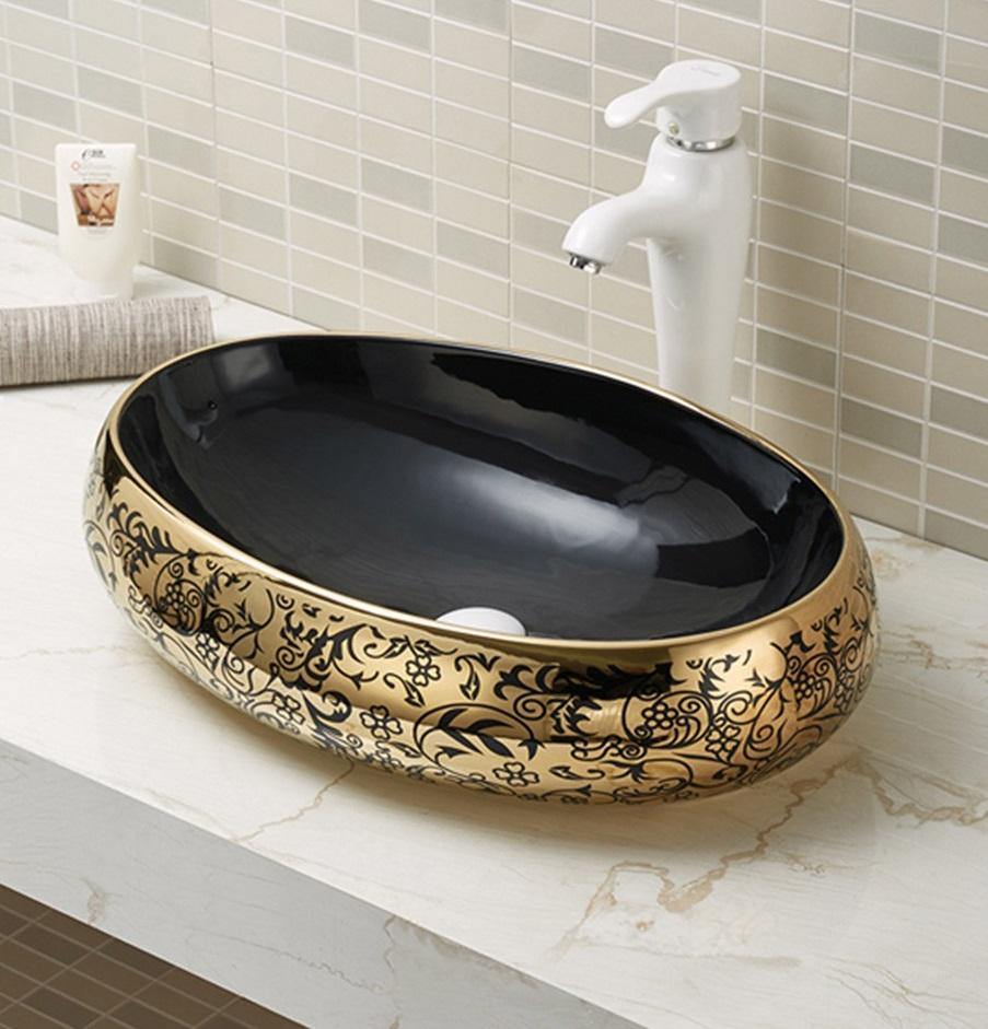 Ceramic Premium Designer Oval Shape Table Top Over Counter Vessel Sink Wash Basin for Bathroom 24 X 16 X 6 Inch Black Gold Basin For Bathroom - Bath Outlet
