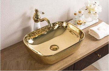 B Backline Ceramic Table Top, Counter Top Wash Basin 18 X 13 X 5.5 Inch Gold White