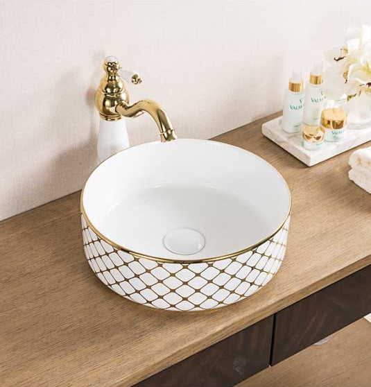 B Backline Ceramic Table Top, Counter Top Wash Basin 36 x 36 cm Gold White