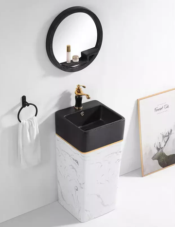 B Backline Ceramic Pedestal Wash Basin Rectangle 16 x 16 x 33 Inch Black White