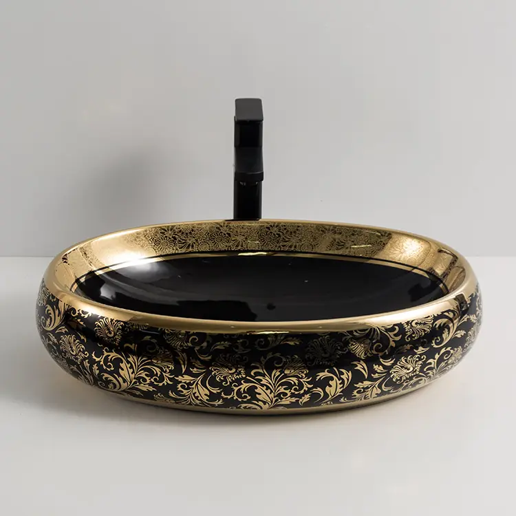 Ceramic Table Top Wash Basin 60x40 cm Black Gold Glossy for Bathroom