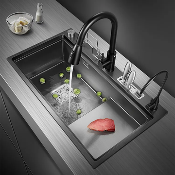 Kitchen Sink 304 SS Single Bowl Handmade Kitchen Sink Black Color 30x20 Inches With Pullout Faucet Drain Basket Chopping Board RO Mineral Water Tap Knife Holder